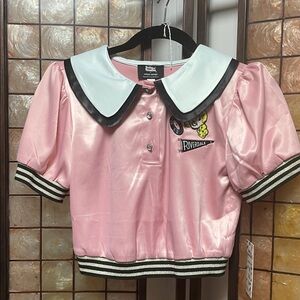 Unique Vintage Pink Satin Crop Top with White Collar